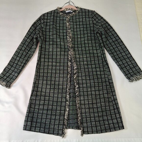 Womans Zara Basic Black & Beige Checker Long Open Cardigan Duster With Fringe - Picture 6 of 14